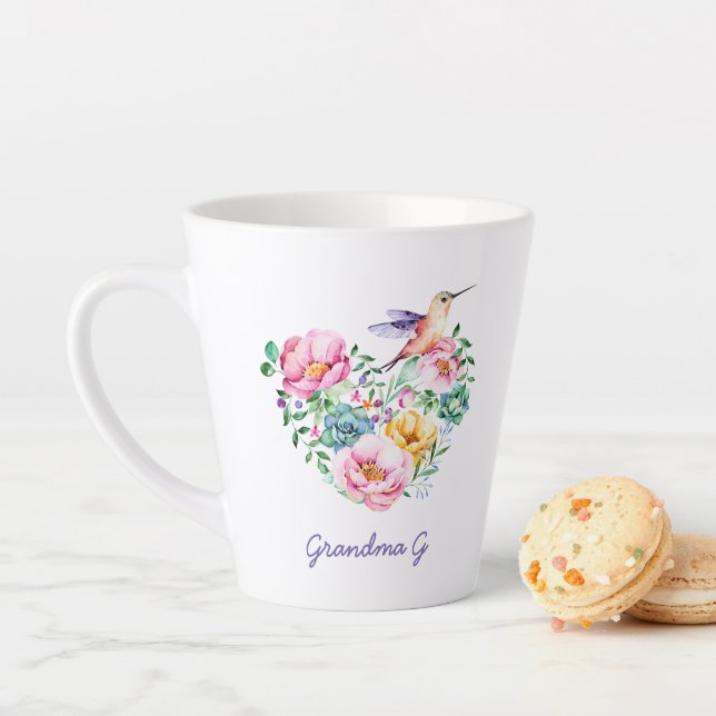 Watercolor Floral Heart Hummingbird Grandma Gift Latte Mug (In Situ)