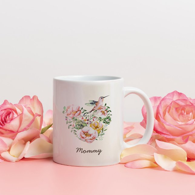 Watercolor Floral Heart Hummingbird Mommy Gift Two-Tone Coffee Mug (Creator Uploaded)