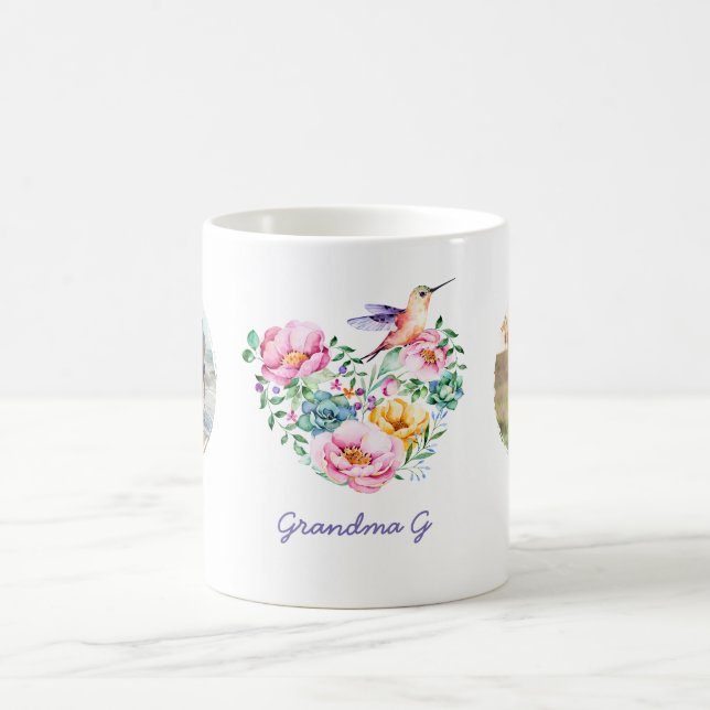 Watercolor Floral Heart Hummingbird Photo Gift Coffee Mug (Center)