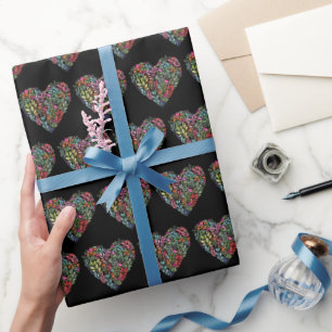 Watercolor Floral Heart On Black Wrapping Paper