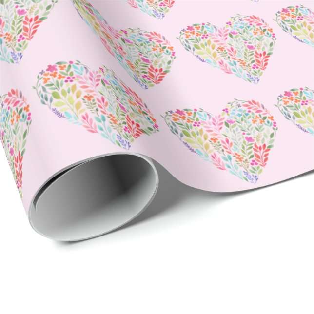 Watercolor Floral Heart On Pink Wrapping Paper (Roll Corner)