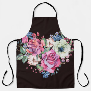 Watercolor floral heart: vintage roses. apron