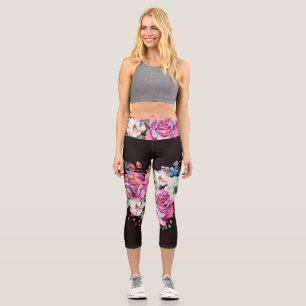 Watercolor floral heart: vintage roses. capri leggings