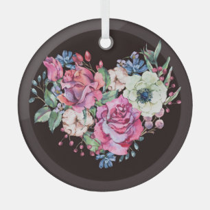 Watercolor floral heart: vintage roses. glass tree decoration