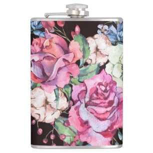 Watercolor floral heart: vintage roses. hip flask