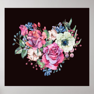 Watercolor floral heart: vintage roses. poster