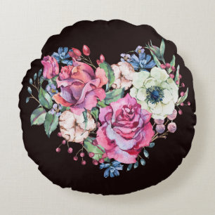 Watercolor floral heart: vintage roses. round cushion