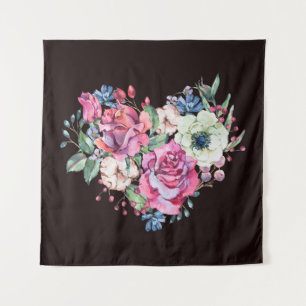 Watercolor floral heart: vintage roses. tapestry