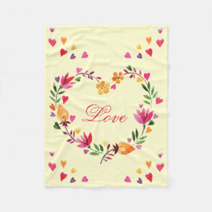 Watercolor Floral Heart Wreath Love Fleece Blanket
