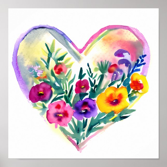 Watercolor Floral Heart Wreath Poster (Front)