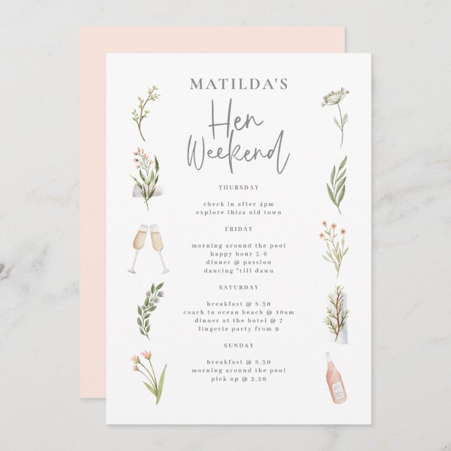 Watercolor floral hen weekend itinerary (Front/Back)