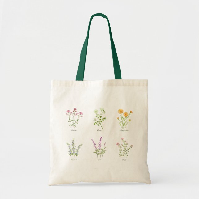 Watercolor Floral Herbs Tote Bag (Front)