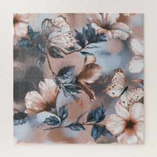 Watercolor floral hibiscus, butterfly pattern. jigsaw puzzle