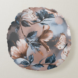 Watercolor floral hibiscus, butterfly pattern. round cushion