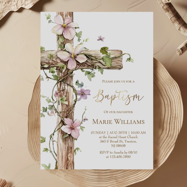 Watercolor Floral Holy Cross Baptism Invitation (Creator Uploaded)