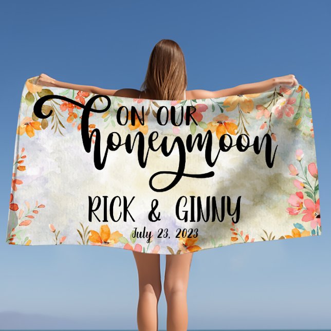 Watercolor Floral Honeymoon Gifts Personalised  Beach Towel (Watercolor Floral Honeymoon Gifts Personalized Beach Towel)