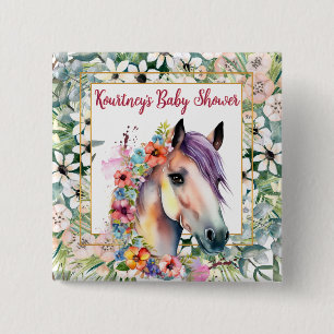 Watercolor Floral Horse Baby Shower 15 Cm Square Badge