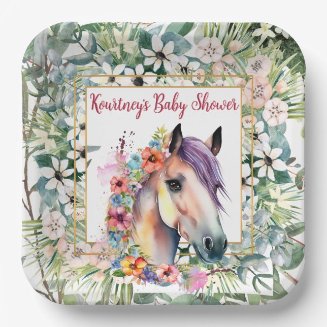 Watercolor Floral Horse Baby Shower  Paper Plate (Front)