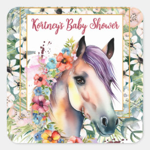 Watercolor Floral Horse Baby Shower Square Sticker