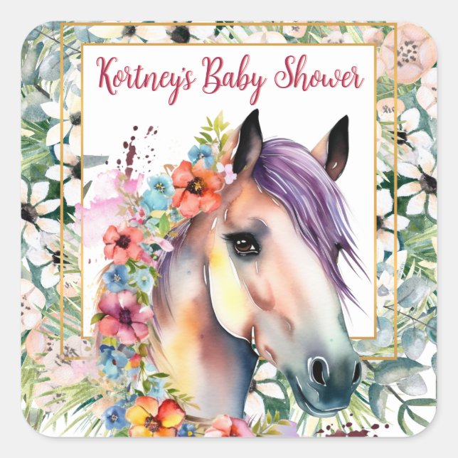 Watercolor Floral Horse Baby Shower  Square Sticker (Front)