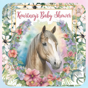 Watercolor Floral Horse Baby Shower Square Sticker