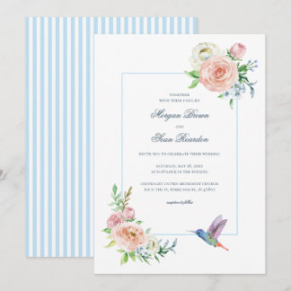 Watercolor Floral Hummingbird Seersucker Wedding Invitation