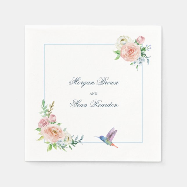 Watercolor Floral Hummingbird Seersucker Wedding Napkin (Front)