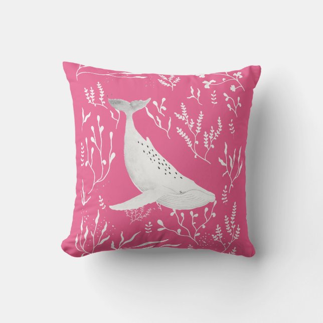 Watercolor Floral Humpback Whale Pink Cushion (Front)