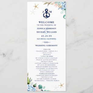 Watercolor Floral Hydrangea Anchor Beach Wedding Program
