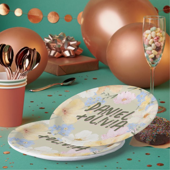 Watercolor Floral Illustration Wedding  Paper Plate (Multi)