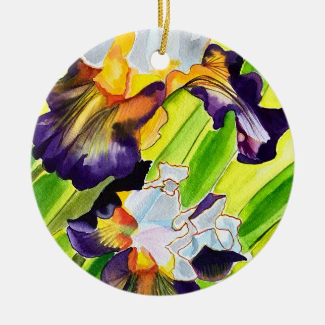 Watercolor floral iris flower ceramic ornament (Front)