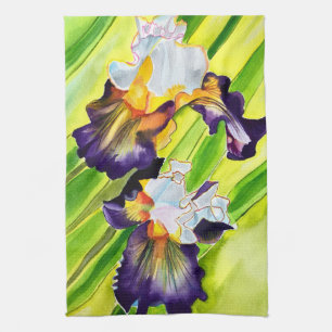 Watercolor floral iris purple green tea towel