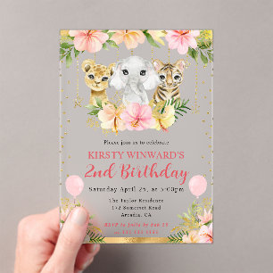 Watercolor Floral Jungle Animals Kids Birthday Acrylic Invitations