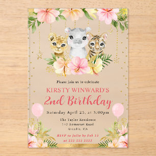 Watercolor Floral Jungle Animals Kids Birthday Acrylic Invitations
