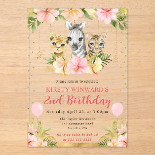 Watercolor Floral Jungle Animals Kids Birthday Acrylic Invitations