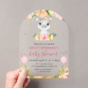 Watercolor Floral Jungle Hippo Baby Shower Acrylic Invitations