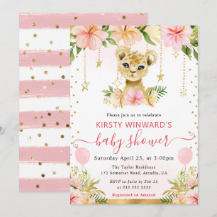 Watercolor Floral Jungle Lion Cub Baby Shower Invitation