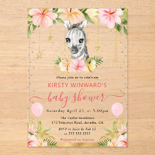 Watercolor Floral Jungle Zebra Baby Shower Acrylic Invitations