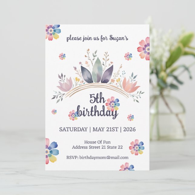 Watercolor Floral Kid's Birthday Party Invitation (Standing Front)