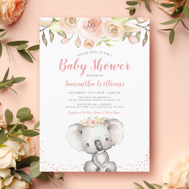 Watercolor Floral Koala Girl Baby Shower Invitation (Creator Uploaded)