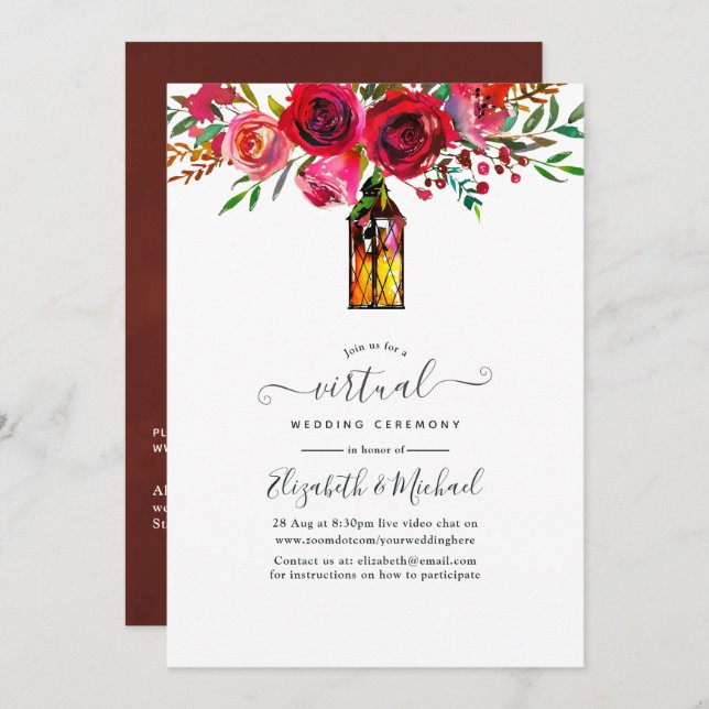 Watercolor Floral Lantern Online Virtual Wedding Invitation (Front/Back)