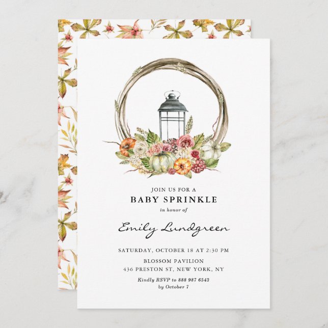 Watercolor Floral Lantern Wreath Baby Sprinkle Invitation (Front/Back)