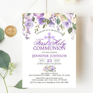 Watercolor Floral Lavender First Holy Communion Invitation