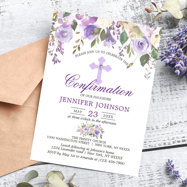 Watercolor Floral Lavender Purple Confirmation Invitation (Creator Uploaded)