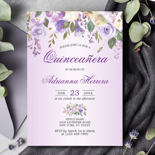 Watercolor Floral Lavender Purple Quinceañera Invitation (Creator Uploaded)