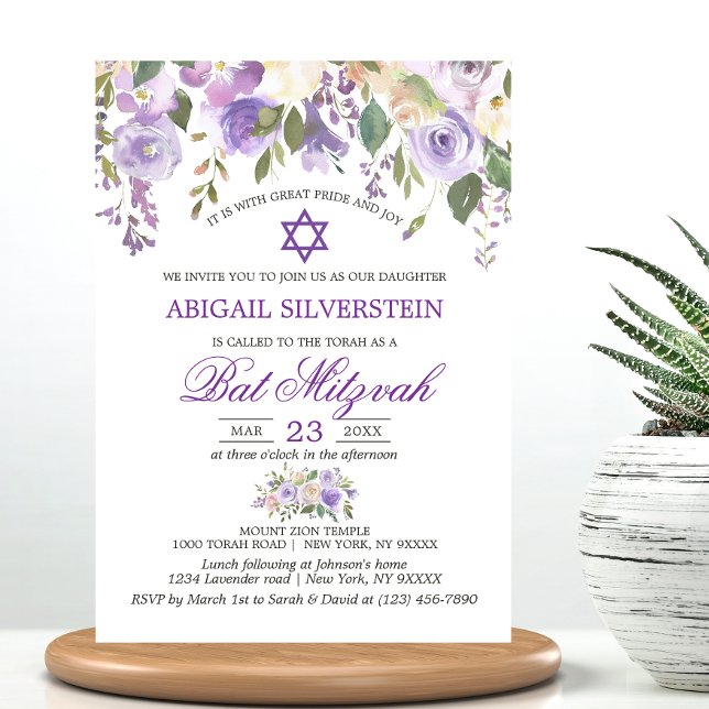 Watercolor Floral Lavender Purple Star Bat Mitzvah Invitation (Watercolor Floral Lavender Purple Star Bat Mitzvah Invitation)
