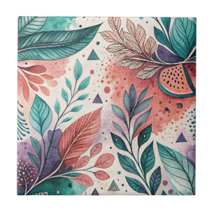 Watercolor Floral Leaf Fluid Botanical Art Pattern Ceramic Tile