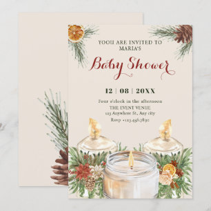 Watercolor floral leaves candles baby shower invitation
