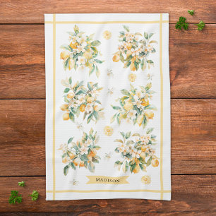 Watercolor Floral Lemon Branch Personalised Tea Towel