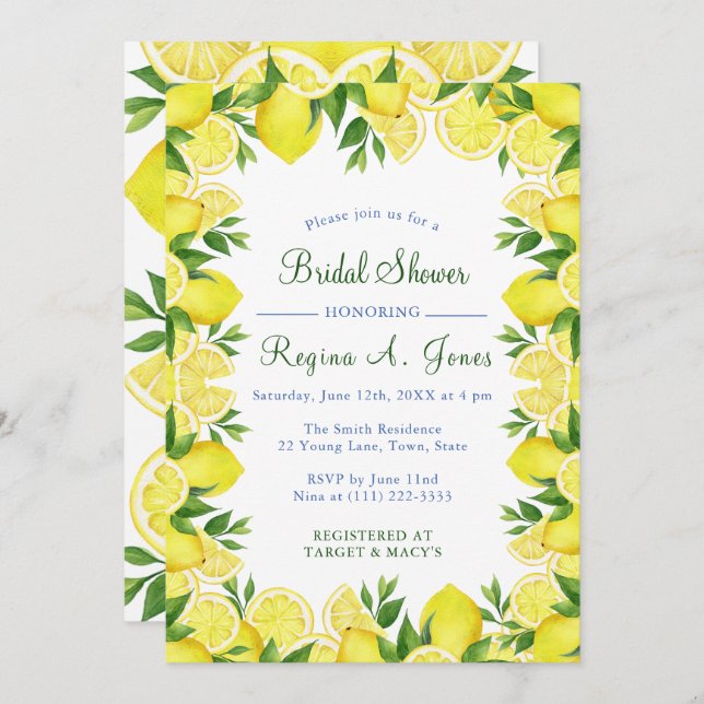 Watercolor Floral lemon fruit seamless border Invitation (Front/Back)
